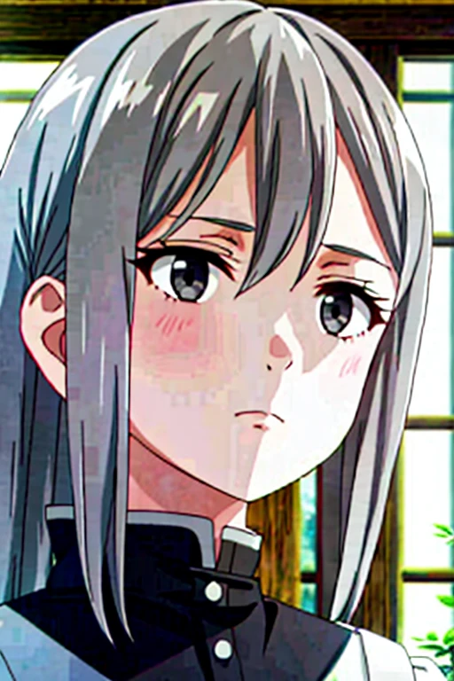 young girl with long light grey hair, grey eyes, and has an apathetic expression on her face