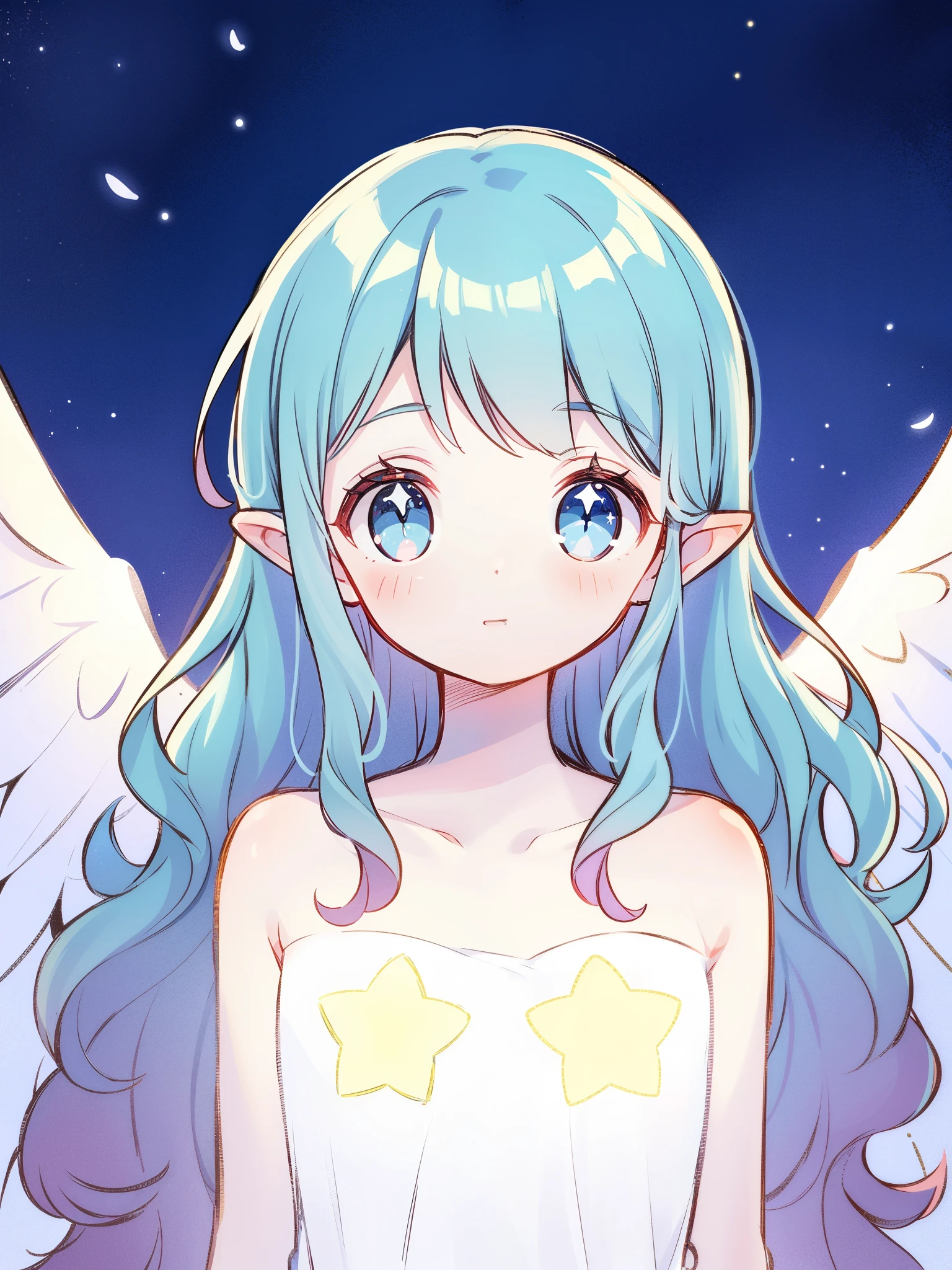 nude angel girl wearing an ethereal translucent dress, pale skin, ((blue mint wavy hair)), white feathers, angel wings, sparkling detailed eyes, golden ratio face, perfect composition, highly detailed, ethereal, (starry night sky background), midjourney style