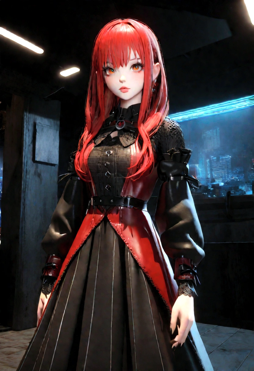 1 girl, gothic style, in a dark place, the night, with red hair, wearing a bold outfit,. with 3d details on the character and a fake 3d in the background