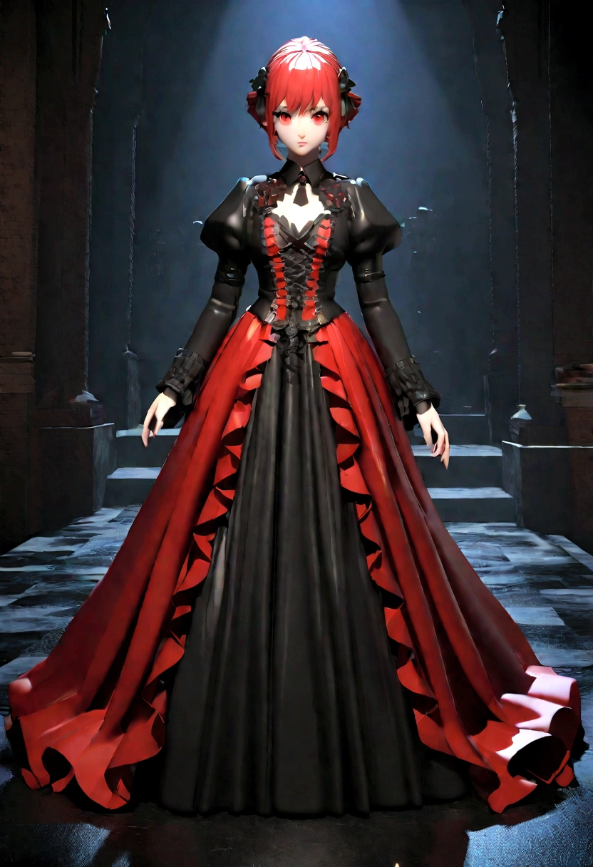 1 girl, gothic style, in a dark place, the night, with red hair, wearing a bold outfit,. with 3d details on the character and a fake 3d in the background