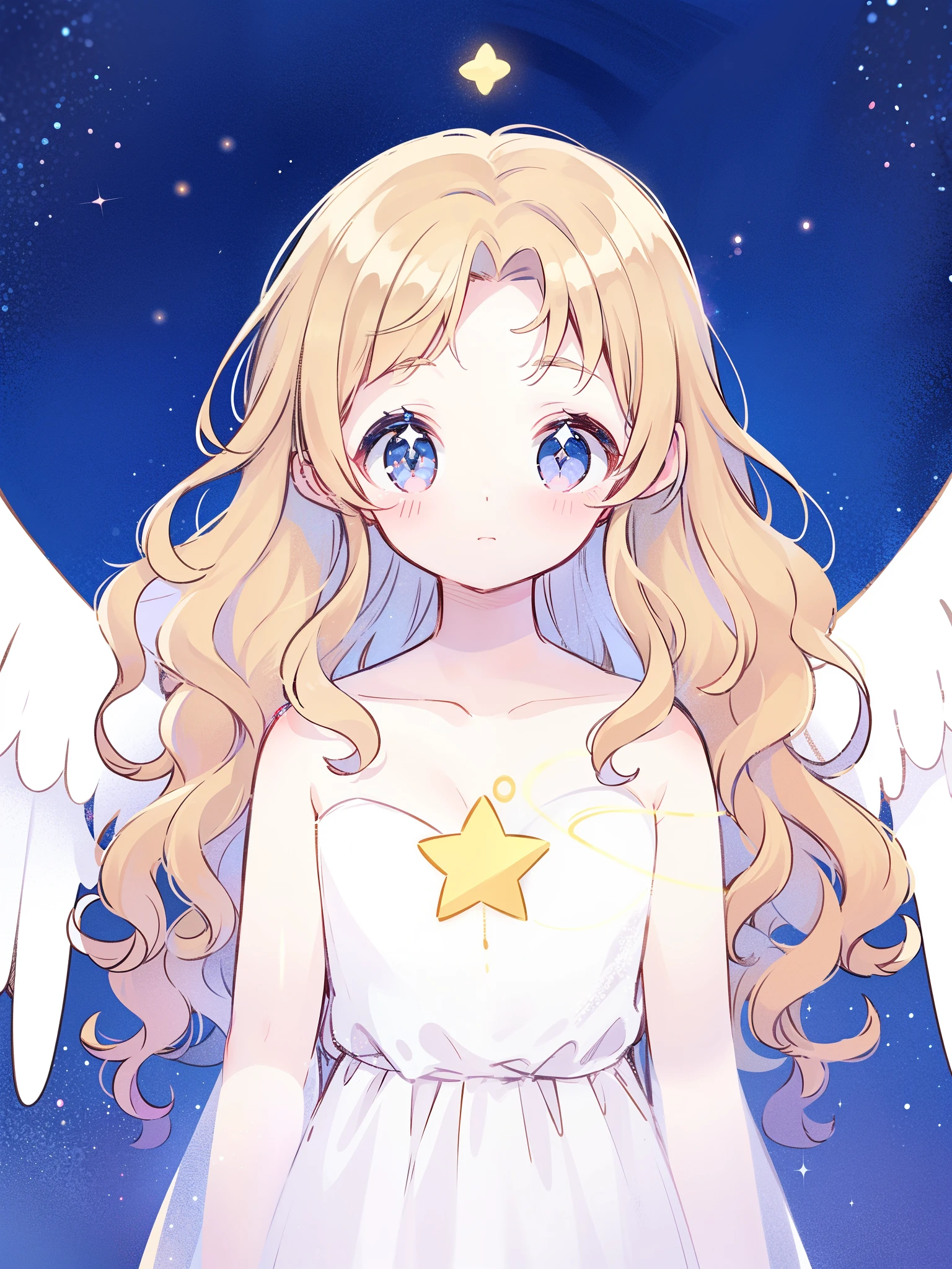 nude angel girl wearing an ethereal translucent dress, pale skin, ((wavy hair)), white feathers, angel wings, sparkling detailed eyes, golden ratio face, perfect composition, highly detailed, ethereal, (starry night sky background), midjourney style