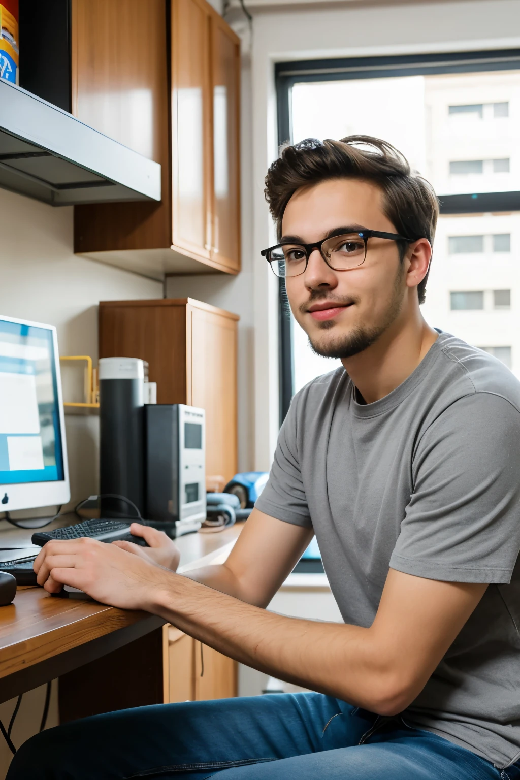 young man mid 20's,medium length brown hair ,wearing grey tshirt, light beard,wearing glasses , blue jeans pants, engineer genius, 2d comic style, sitting in front of table full of electronics Inside a high-tech apartment, tinkering with gadgets