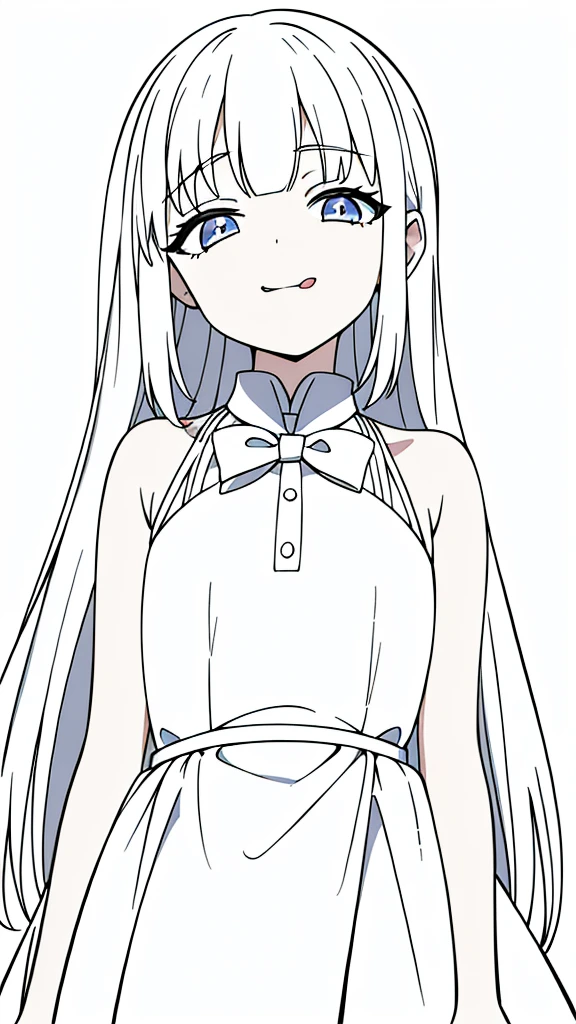(1girl,8 years old,small),white hair,long hair,white dress, sleeveless, bow tie, bare shoulders,(white background,line drawing),squinted eyes,:D, tongue out,evil smile,from below