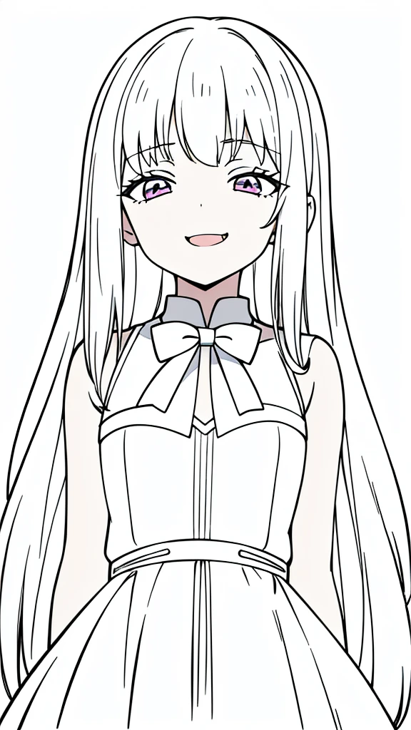 (1girl,8 ,small),white hair,long hair,white dress, sleeveless, bow tie, bare shoulders,(white background,line drawing),squinted eyes,:D, tongue out,evil smile,from below