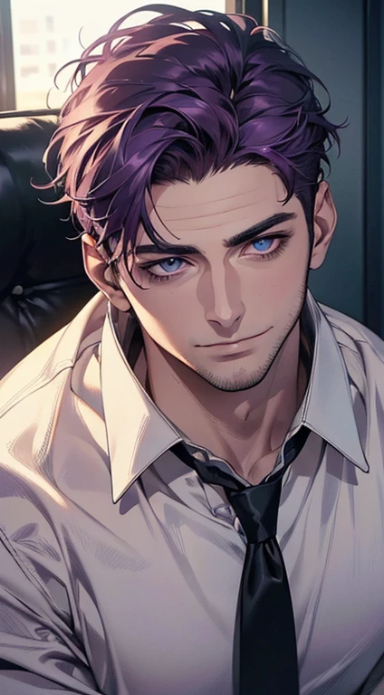 (best quality,4k,8k,highres,masterpiece:1.2),ultra-detailed,(realistic,photorealistic,photo-realistic:1.37),1 man,31 years old,mature man,very handsome,without expression,smile,short purple hair,blue eyes,penetrating gaze,perfect face without errors,imposing posture,businessman,office background,cinematic lighting,hdr image