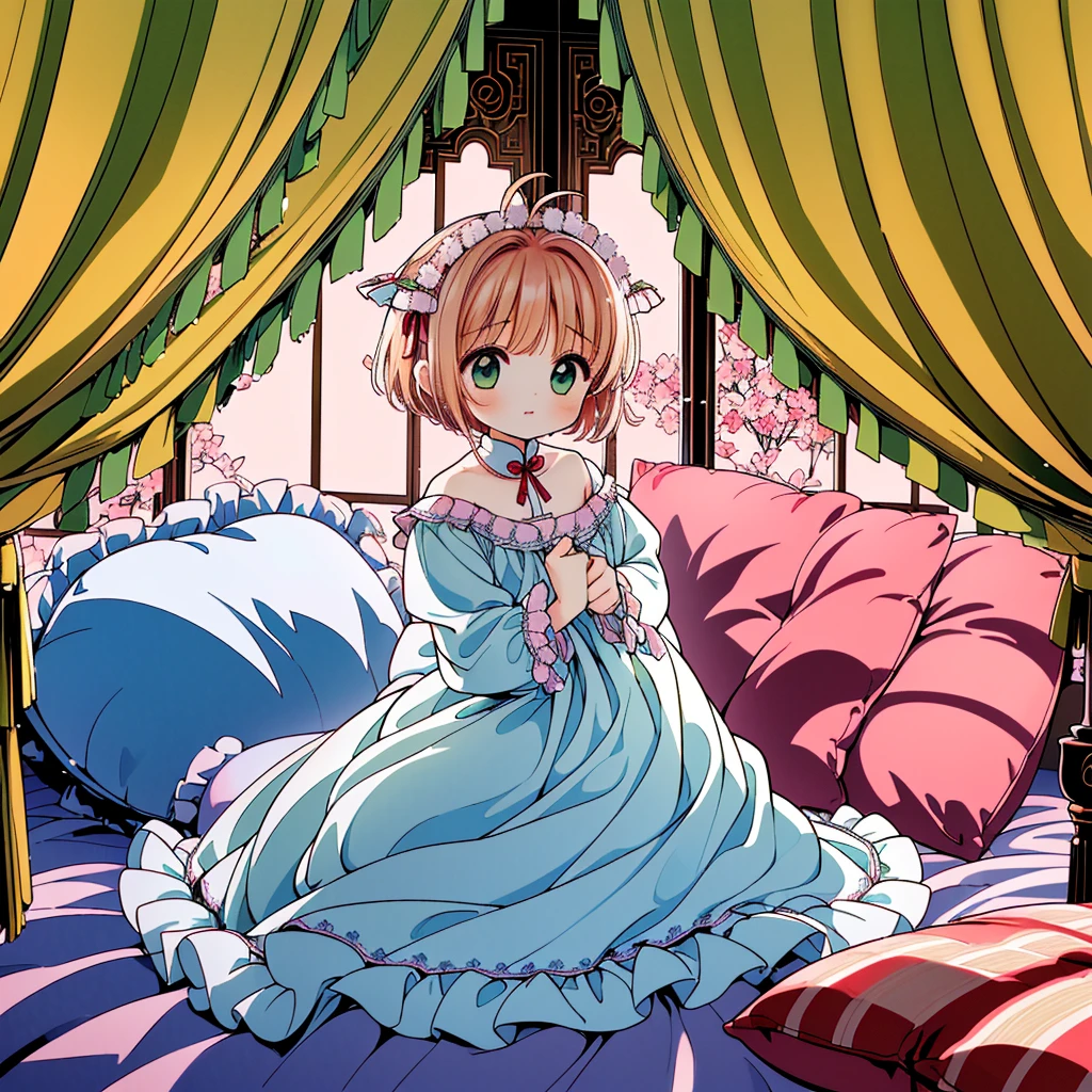 (masterpiece,best quality,best quality, masterpiece),my own, , , (适合任何Pillow背景的光影)), 穿着pajamas可爱女孩在Pillow上摆姿势 ,pajamas,,(很多Pillow),Soft cushion,,,,很多Pillow,,,(Pillow),(A tail),,(充满细节的Pillow),(Love around the protagonist),Steam,,(Pillow),(palace),(Palace bedroom),(Pillow),柔软的Pillow,,(Classical European style bedroom ),(excited,shy person,Lack of expressiveness,),,, ((Maximum resolution)), artwork, ,,,(Interior of the palace),,(Deluxe Rococo Canopy King Bed),On a big and spacious bed,(),,,,Luxurious curtains with ornate ruffles and ribbons surround the bed,((((There are many pillows piled on the bed)))),Detail of Quilt,Detailed bed sheets,Ruffled Bed Skirt,Deep Bed,Background with depth,((详细的Pillow)), ((((大量的Pillow)))),,Shaking lines,,Flowing liquid,Violent body shaking,Violent shaking lines,详细的软Pillow,,((女孩正躺在许多柔软的Pillow上,周围有许多Pillow)),。Many small feathers fluttering、 带褶边和缎带的长裙pajamas、In a huge, Large canopy bed、Soft pink sheets and quilt、色彩鲜艳的柔软Pillow、很多带褶边的Pillow和带褶边的床裙、Soft toned bed、Ruffled curtains around the bed.。Delicate face。Background with depth,kinomoto sakura,(kinomoto sakura, 1girl, brown hair, short hair, antenna hair, , green eyes),,pink dot pillow