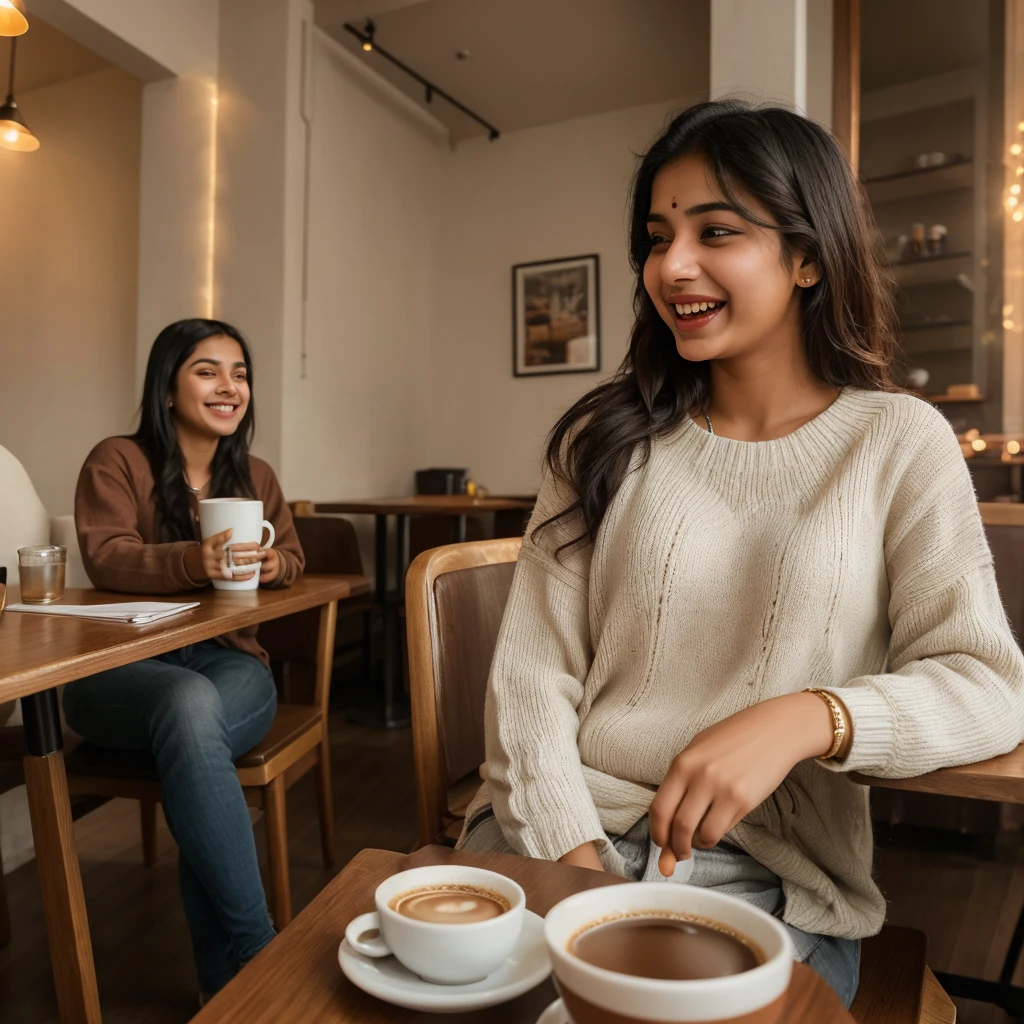 Day light Moment: An attractive 22years old Indian girl with white skin tone is laughing out loud while sitting in a cozy cafe with a hot cup of coffee in her hand and the soft lighting adds to the ambiance overall picture quality High definition resolution.