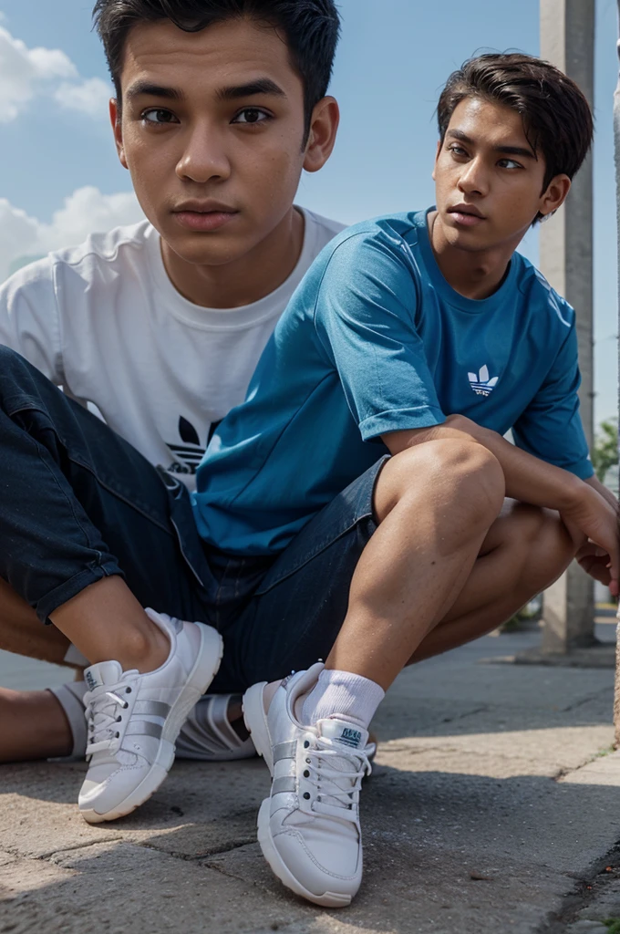 Create an animated 3D illustration of a teenage boy with an Indonesian face. wearing casual Adidas shoes, the background says Salman Alfarisyi