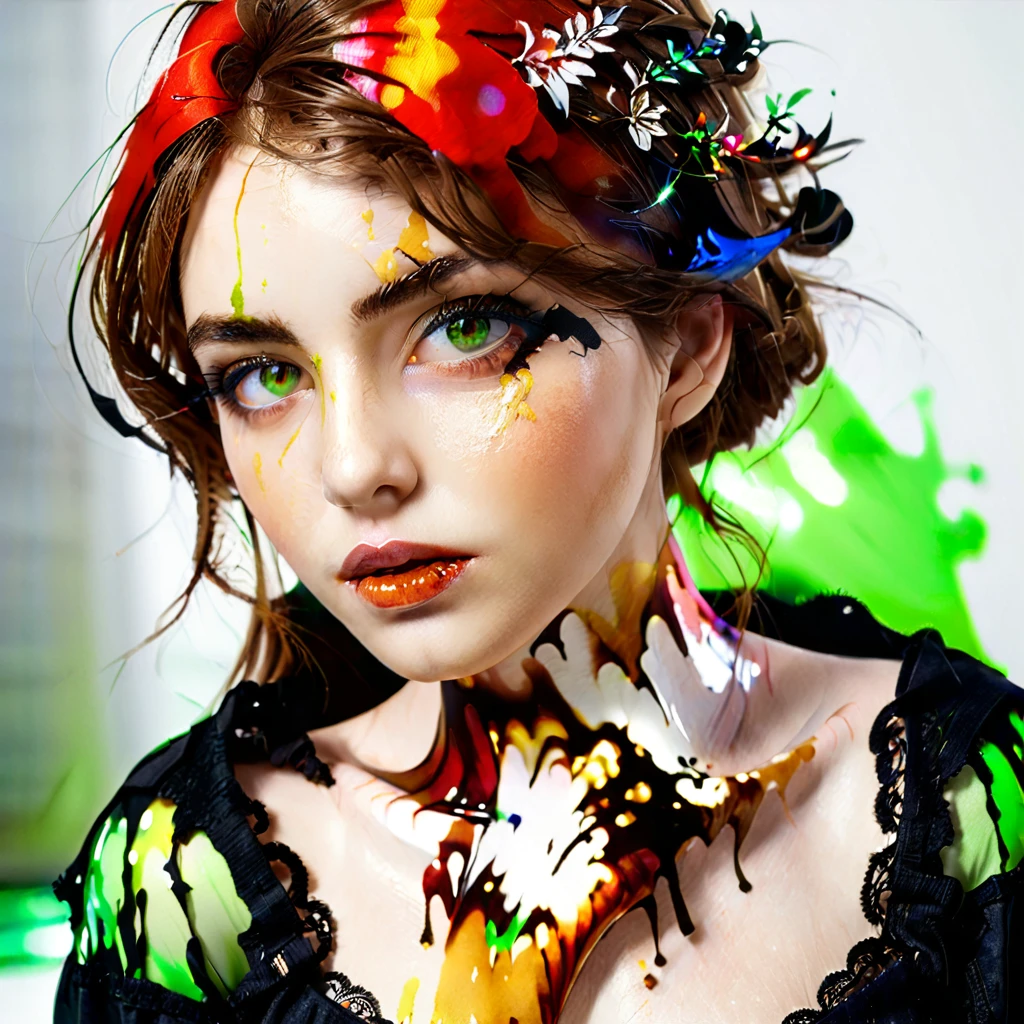 Young adult with green eyes, pale skin, messy brown hair, realistic black outfit