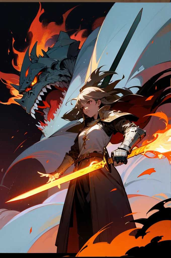 an ancient knight but with a sword of fire