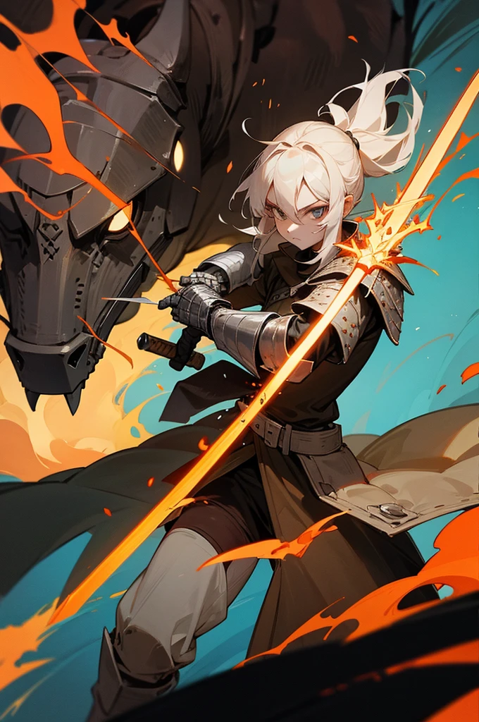 an ancient knight but with a sword of fire