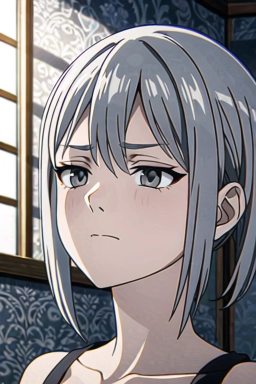 older girl with long light grey hair, grey eyes, and has an apathetic expression on her face