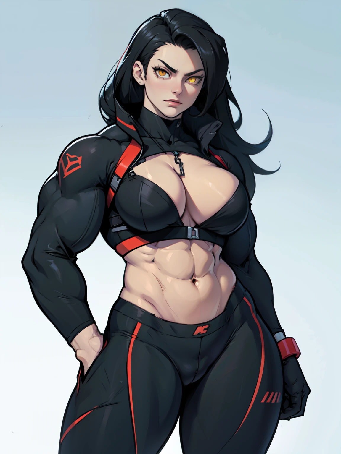 girl solo standing muscular girl toned body large breasts thick))) yellow eyes black hair pale skin perfect anatomy perfect anatomy perfect anatomy