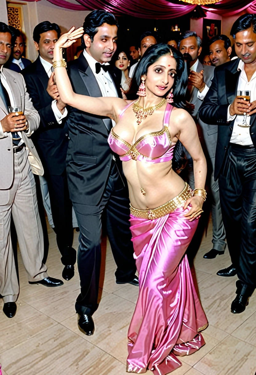 Beautiful Indian woman sridevi kapoor at her age of 40 wearing a pink glossy satin belly-dancer dress and standing on floor with both of her hands raised above flaunting her curves while rich business men who are wearing black suits are enjoying her figure and drinking at a crowded night party, (NSFW),(detailed face and eyes),(large bust)