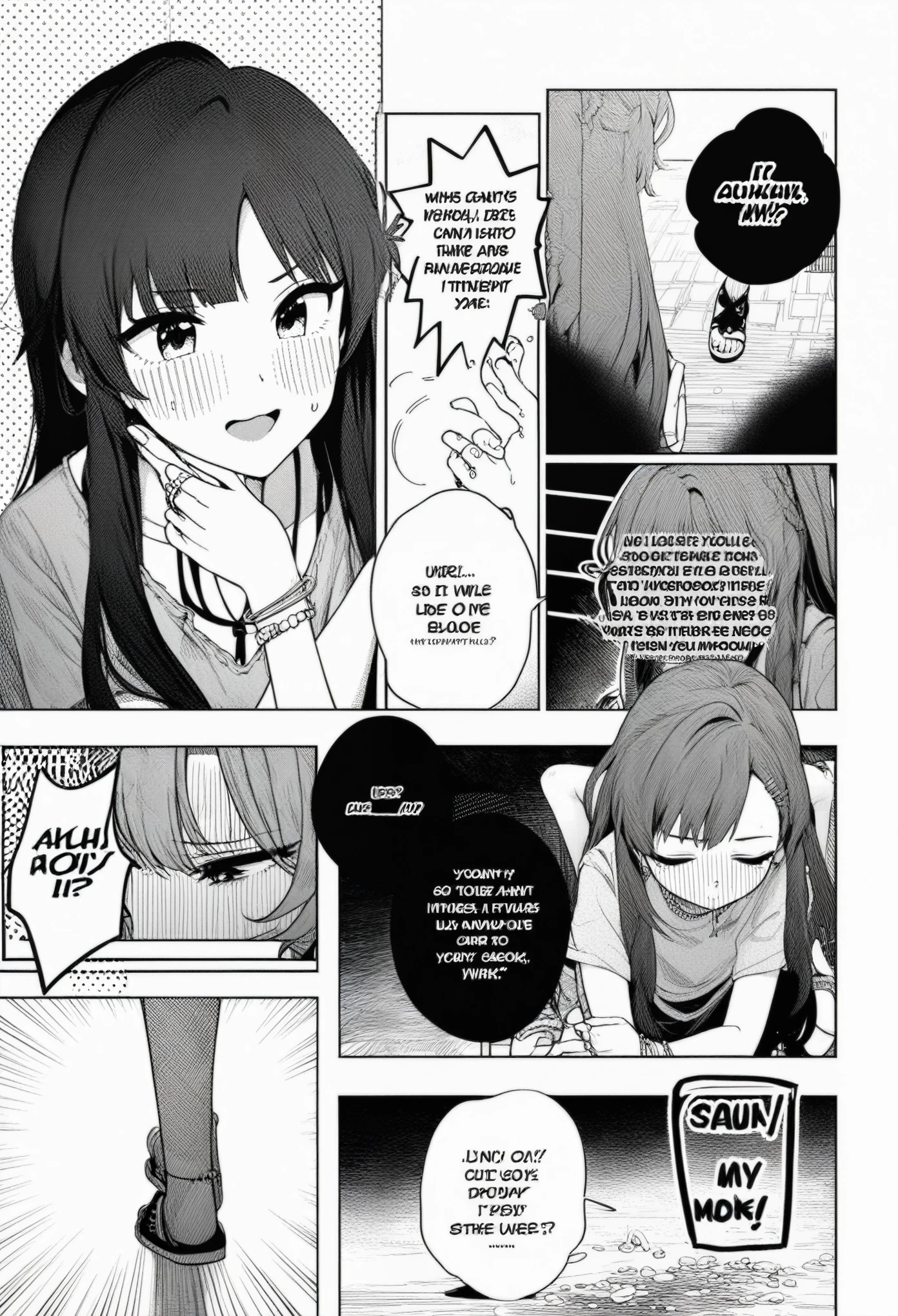 1girl, rei \(rei's room\), moketa, idolmaster, gakuen idolmaster, shinosawa hiro, aged down, bracelet, comic, hand on another's leg, jewelry, long hair, sandals, shoes, sneakers, squatting, very long hair, absurdres, greyscale, hatching \(texture\), depth of field, english text, speech bubble, ((very aesthetic, best quality, ultra detailed))