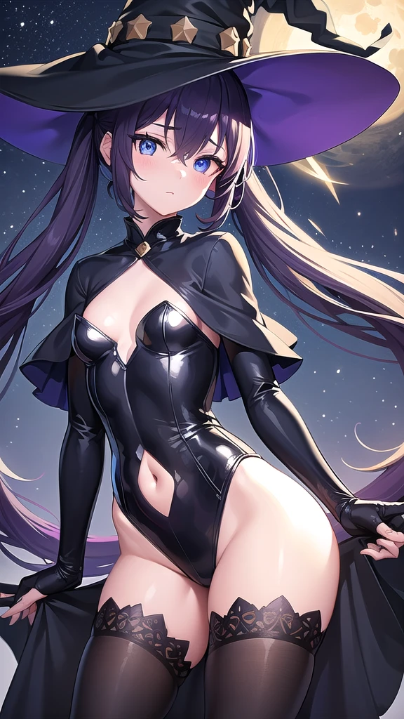monamegistus, mona, blue eyes, hair between eyes, twintails, very long hair, purple hair, hat, (small breast:1.2), witch hat,
BREAK black bodysuit, black gloves, blue sleeves, bodysuit, capelet, covered navel, detached sleeves, gloves, high heels, leotard, long hair, long sleeves, multicolored sleeves, purple capelet, purple sleeves, strapless, strapless leotard,
BREAK outdoors, night, waterfall,stars,moon,starfall,nature,
BREAK looking at viewer,
BREAK (masterpiece:1.2), best quality, high resolution, unity 8k wallpaper, (illustration:0.8), (beautiful detailed eyes:1.6), extremely detailed face, perfect lighting, extremely detailed CG, (perfect hands, perfect anatomy),from behind,back view,bend over.