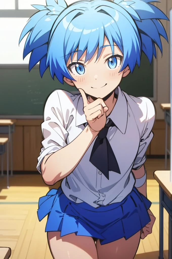 (masterpiece,best quality,highres:1.1),shiota_nagisa,blue hair,blue eyes,short twintails,1boy,classroom,blouse,miniskirt,,smile,(nsfw)