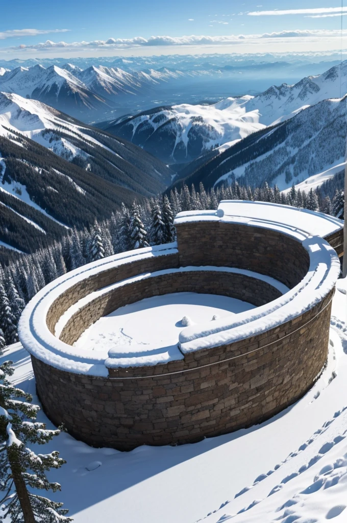 stone stadium built on top of a snowy mountain