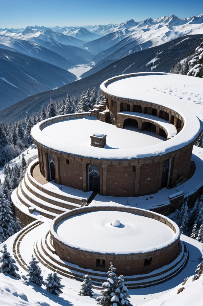 stone stadium built on top of a snowy mountain