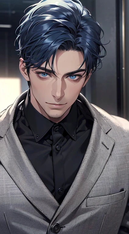 (best quality,4k,8k,highres,masterpiece:1.2),ultra-detailed,(realistic,photorealistic,photo-realistic:1.37),1 man,31 years old,mature man,very handsome,without expression,smile,short blue hair,blue eyes,penetrating gaze,perfect face without errors,imposing posture,businessman,office background,cinematic lighting,hdr image