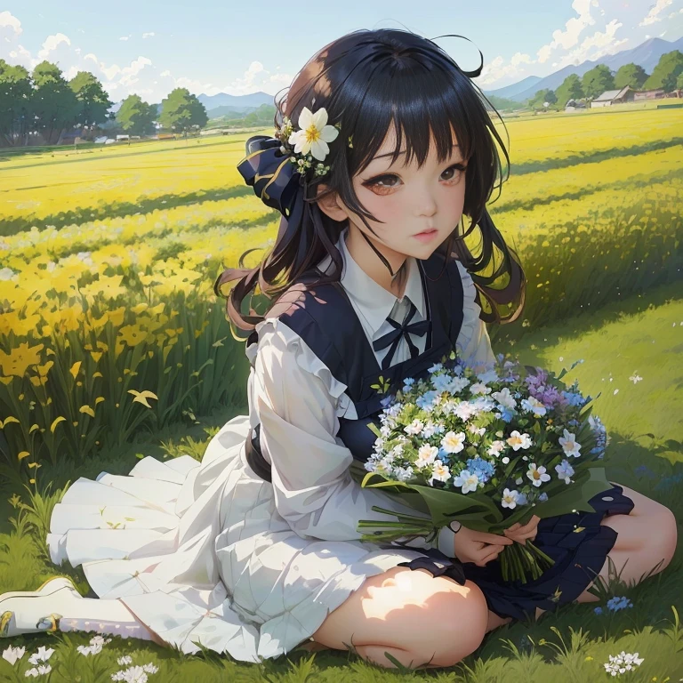 anime girl sitting in the grass with flowers in her hand, anime visual of a cute girl, guweiz, anime moe artstyle, guweiz on pixiv artstation, with flowers, artwork in the style of guweiz, sitting with flowers, guweiz on artstation pixiv, girl sitting in a flower field, official art