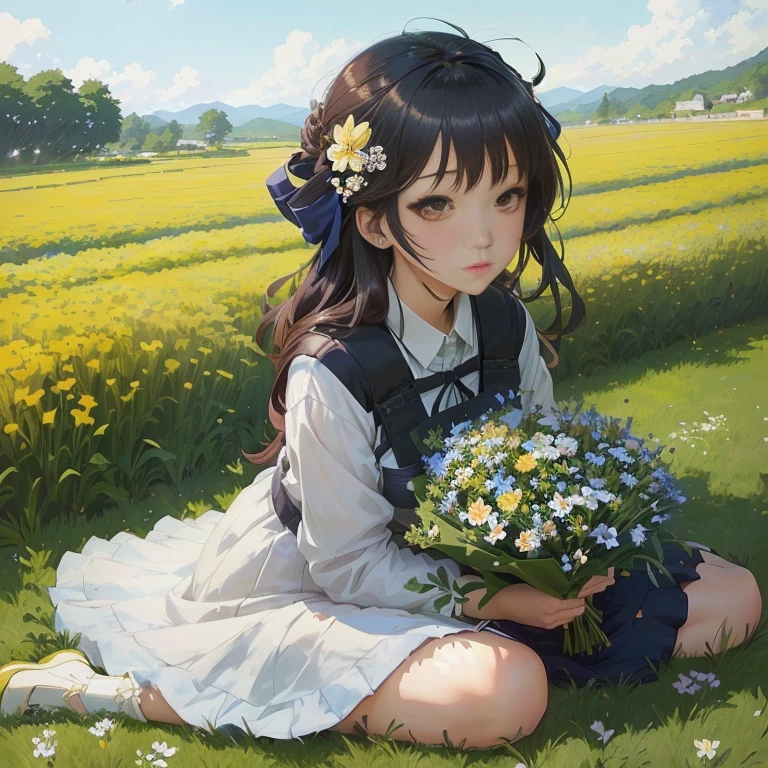 anime girl sitting in the grass with flowers in her hand, anime visual of a cute girl, guweiz, anime moe artstyle, guweiz on pixiv artstation, with flowers, artwork in the style of guweiz, sitting with flowers, guweiz on artstation pixiv, girl sitting in a flower field, official art