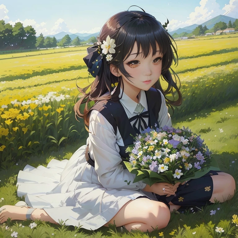 anime girl sitting in the grass with flowers in her hand, anime visual of a cute girl, guweiz, anime moe artstyle, guweiz on pixiv artstation, with flowers, artwork in the style of guweiz, sitting with flowers, guweiz on artstation pixiv, girl sitting in a flower field, official art