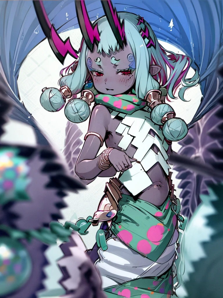 lamia, monster girl, darj skin, grey skin, colored skin, short hair, multicolored hair, aqua hair, pink hair, sidelocks, red eyes, makeup. eyeliner, oni, horns, earrings, bracelet, magatama, jewelry, robe. scarf, polka dot,