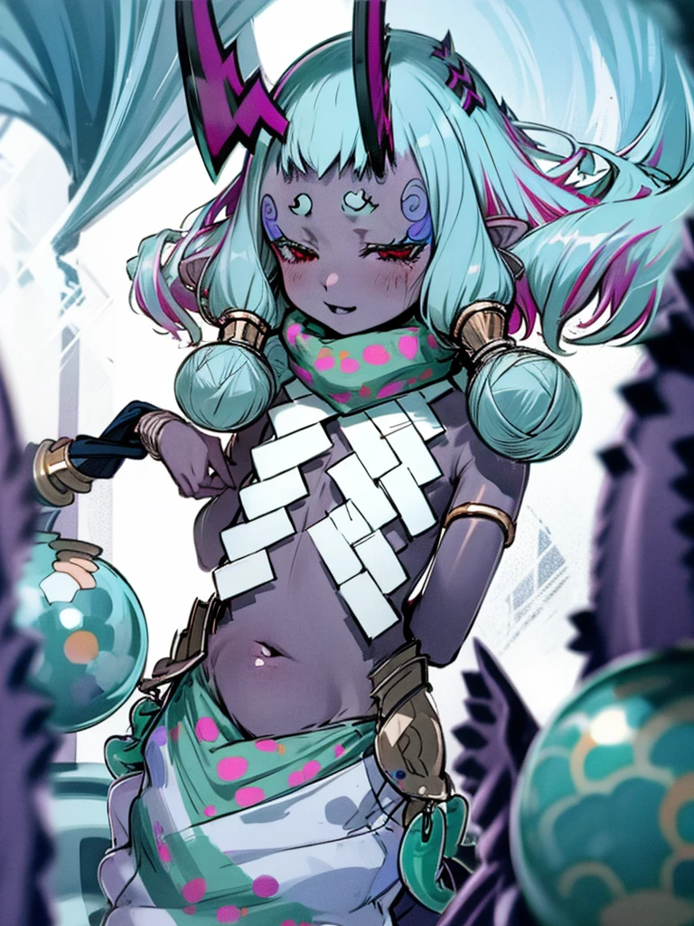 lamia, monster girl, darj skin, grey skin, colored skin, short hair, multicolored hair, aqua hair, pink hair, sidelocks, red eyes, makeup. eyeliner, oni, horns, earrings, bracelet, magatama, jewelry, robe. scarf, polka dot,