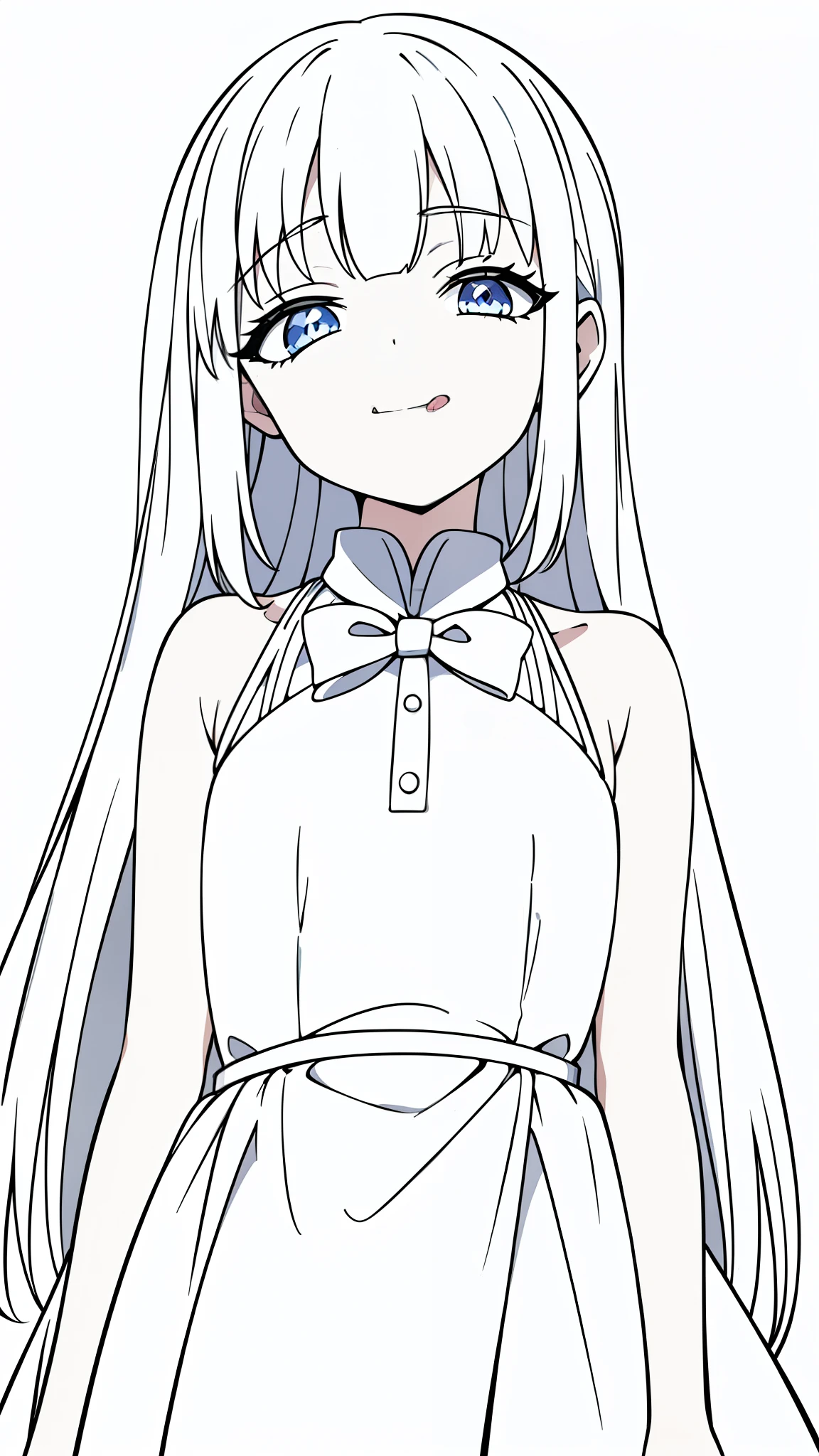 (1girl,8 years old,small),white hair,long hair,white dress, sleeveless, bow tie, bare shoulders,(white background,line drawing),squinted eyes,:D, tongue out,evil smile,from below