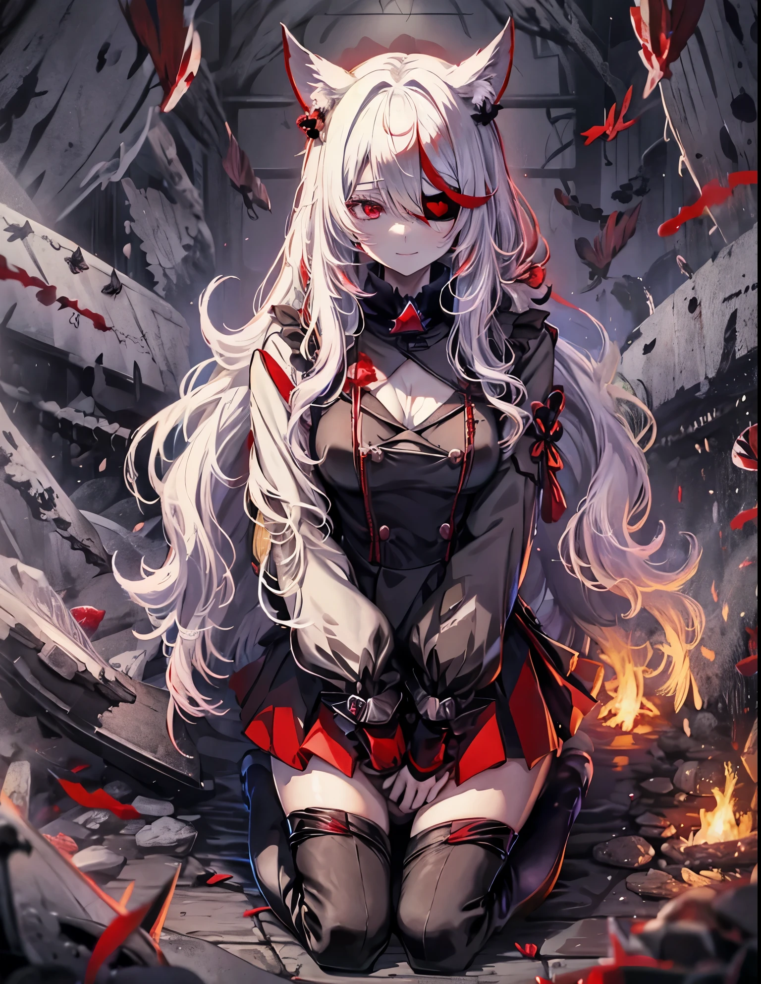 white hair  neko ears smile confident Red Eyes　Black clothes　sickleを持っている　boots　Eye mask　Kitchen disease　Cool　crow　sickle　dark　dark darkness　大sickle　grim Reaper　evil　Ponytail　long coat　boss　ラスboss　Red Moon　Blindfold