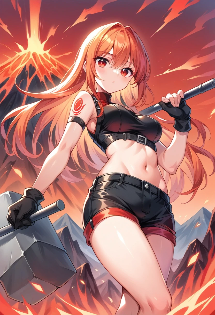 detailed illustration, dynamic angle, ultra-detailed, illustration, 1girl, fire red hair, red orange hair, smith hammer, hammer, anvil, black and red lava, mountain, volcano, red sky, forge, red eyes, firey eyes, leather clothes, , medium breasts, crop top, shorts