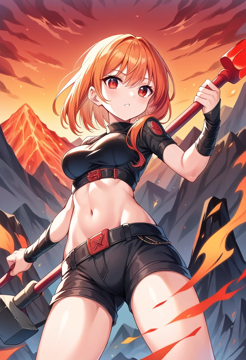 detailed illustration, dynamic angle, ultra-detailed, illustration, 1girl, fire red hair, red orange hair, smith hammer, hammer, anvil, black and red lava, mountain, volcano, red sky, forge, red eyes, firey eyes, leather clothes, , medium breasts, crop top, shorts