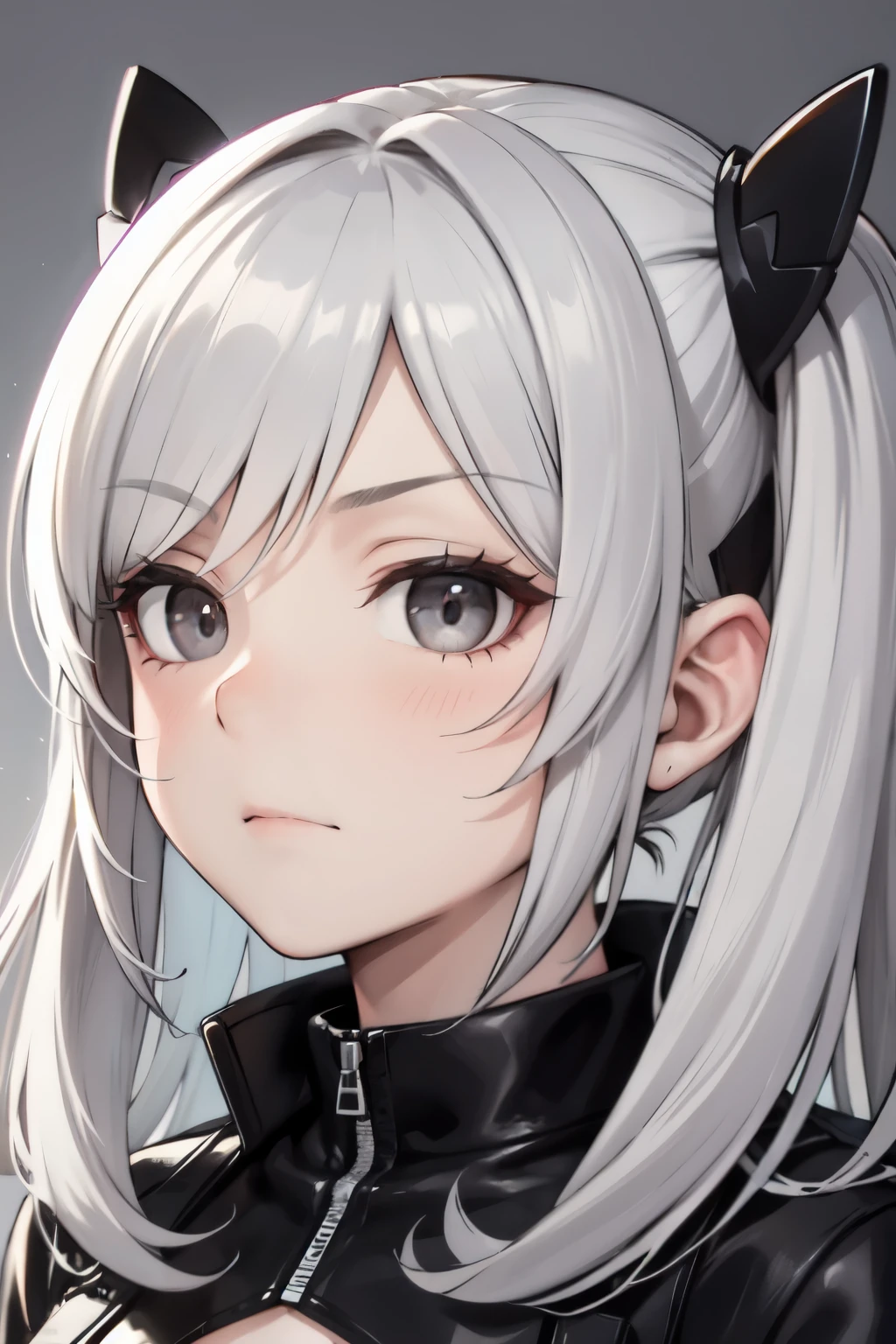 older girl with long light grey hair, grey eyes, and has an apathetic expression on her face