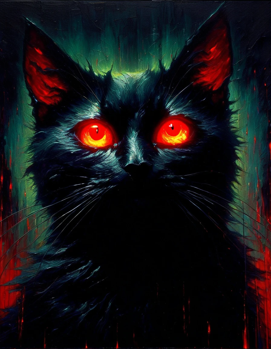 satanic cat, black cat, glowing red eyes, demonic, surreal, dark fantasy, horror, occult, Bill Sienkiewicz inspired, oil painting, hyper detailed, cinematic lighting, dramatic shadows, moody atmosphere, high contrast, rich colors, impasto texture, masterpiece, intricate composition, photorealistic, award winning