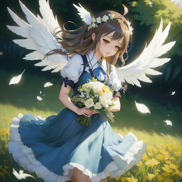 anime girl with angel wings holding a bouquet of flowers, haibane renmei, guweiz on pixiv artstation, guweiz on artstation pixiv, official art, marin kitagawa fanart, guweiz, pixiv contest winner, makoto shinka, render of april, high detailed official artwork, rin, anime visual of a cute girl