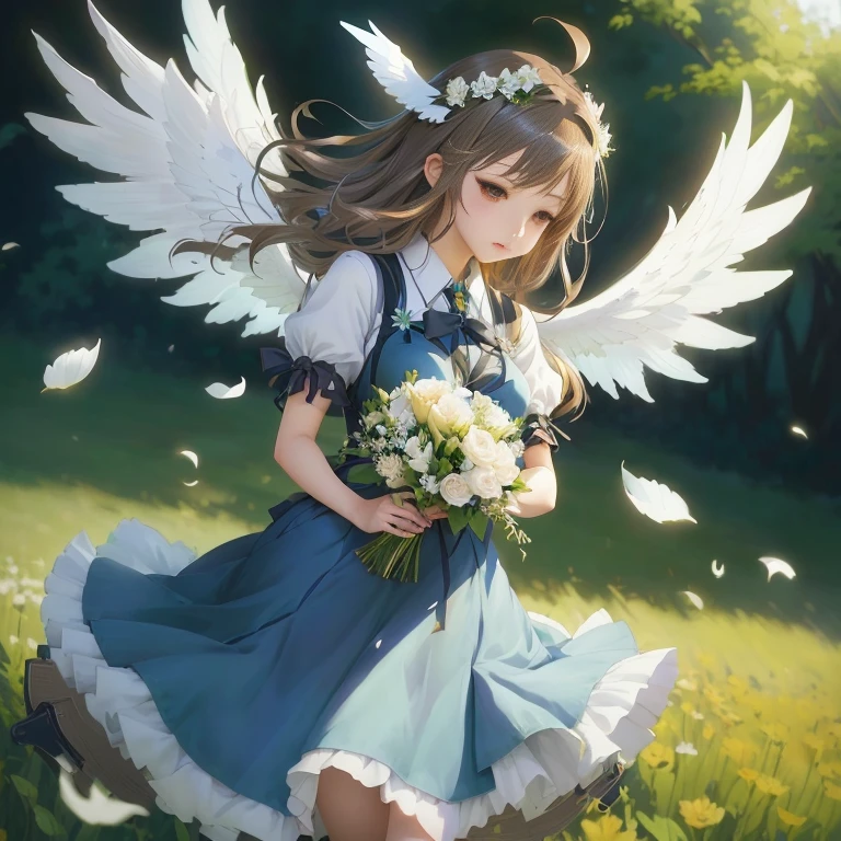 anime girl with angel wings holding a bouquet of flowers, haibane renmei, guweiz on pixiv artstation, guweiz on artstation pixiv, official art, marin kitagawa fanart, guweiz, pixiv contest winner, makoto shinka, render of april, high detailed official artwork, rin, anime visual of a cute girl