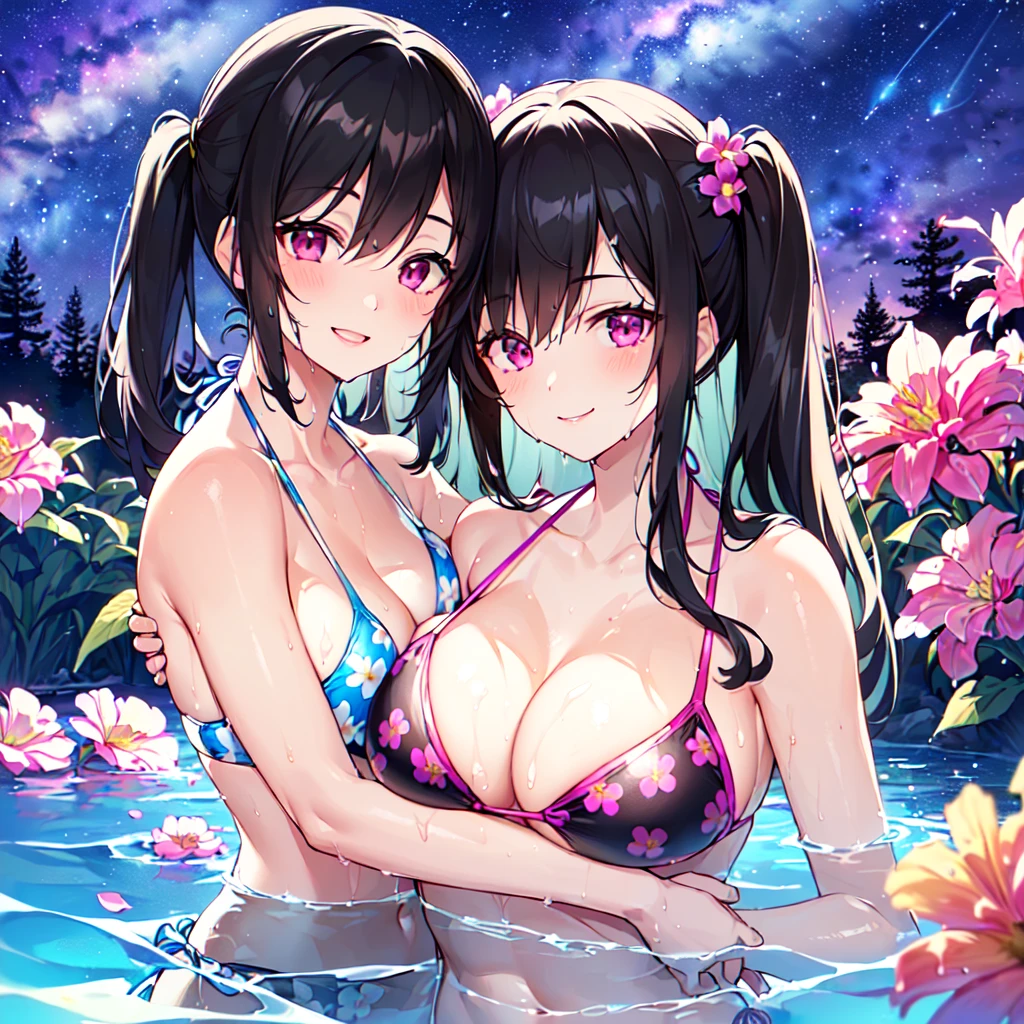 masterpiece, best quality, high quality, extremely detailed, very delicate and beautiful, (2 female 18 years old two:1.3), (long black hair up to waist with two side up:1.4), bangs to eyebrows, eyes (eyes sharp and strong with glossy glossy eyes, eyebrows glossy, (eye color magenta:1.3), 6.5 head height, (summer flower print in bikini swimsuit:1.3), (hugging: 1.3), (smiling: 1.3), (bathing and wet: 1.3), (dynamic pose), (background summer river and forest: 1.3), (Milky Way Night Sky: 1.3), (upper body:1.3)