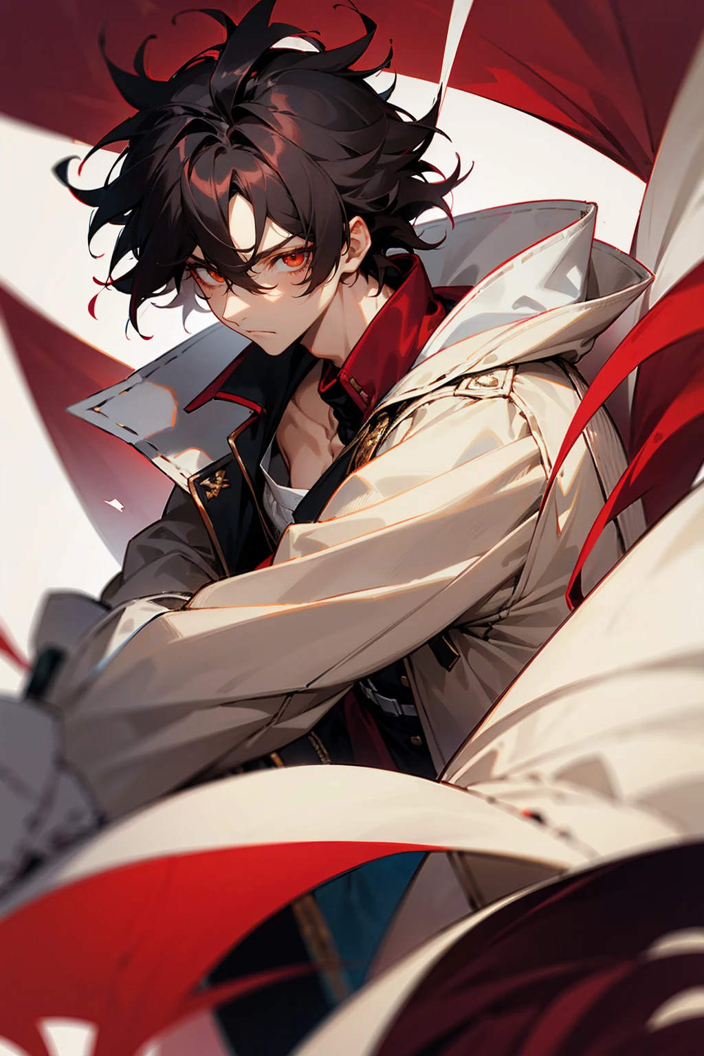 1male , Messy Hair , Low Cut , Black Hair , Sanguine Eyes , Adult Male , Perfect Generation , White and Burgundy Baggy Varsity Jacket , White cap with a crown symbol , Layered Clothing , Serious Expression