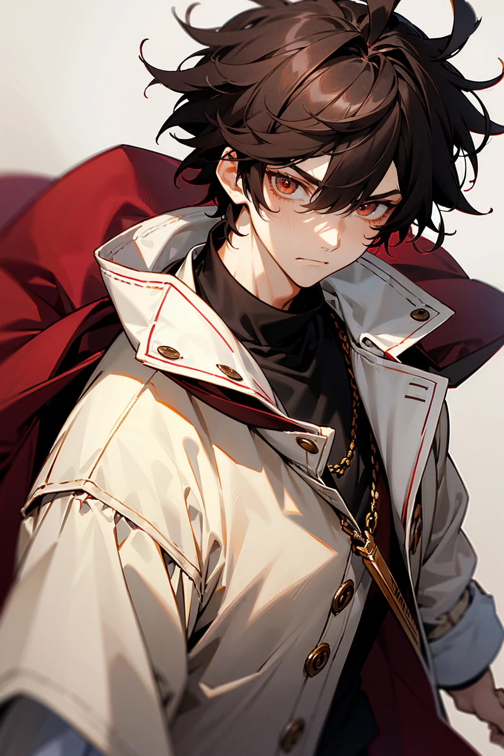 1male , Messy Hair , Low Cut , Black Hair , Sanguine Eyes , Adult Male , Perfect Generation , White and Burgundy Baggy Varsity Jacket , White cap with a crown symbol , Layered Clothing , Serious Expression