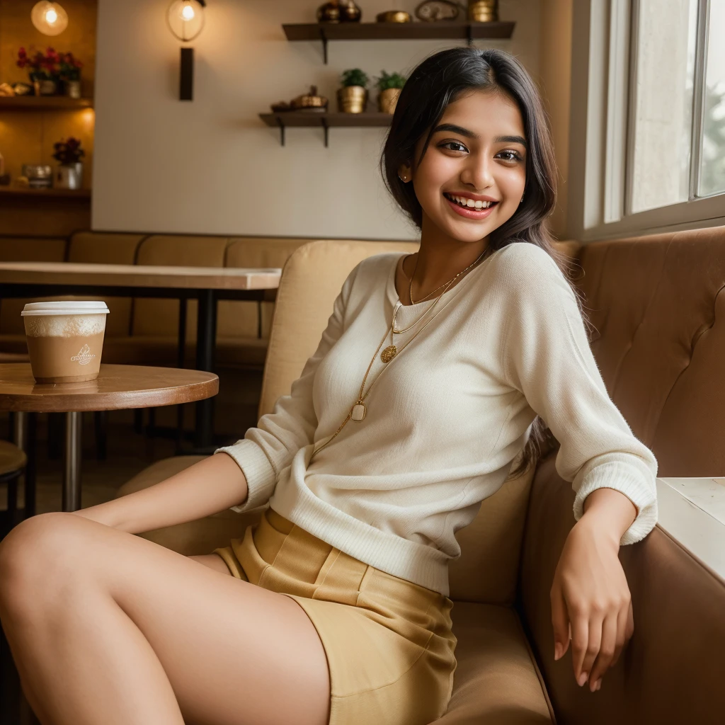 Day light Moment: An attractive 22years old Indian girl with white skin tone is laughing out loud while sitting in a cozy cafe with a hot cup of coffee in her hand and the soft lighting adds to the ambiance overall picture quality High definition resolution.