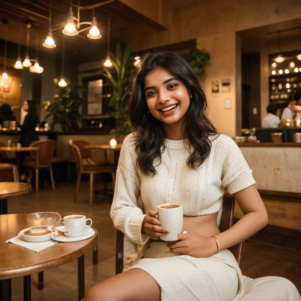 Day light Moment: An glamorous 22years old Indian girl with white skin tone is laughing out loud while sitting in a cozy cafe with a hot cup of coffee in her hand and the soft lighting adds to the ambiance overall picture quality High definition resolution.