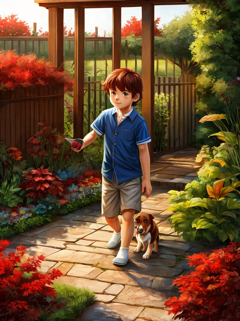 A boy and dog and garden with red leaf