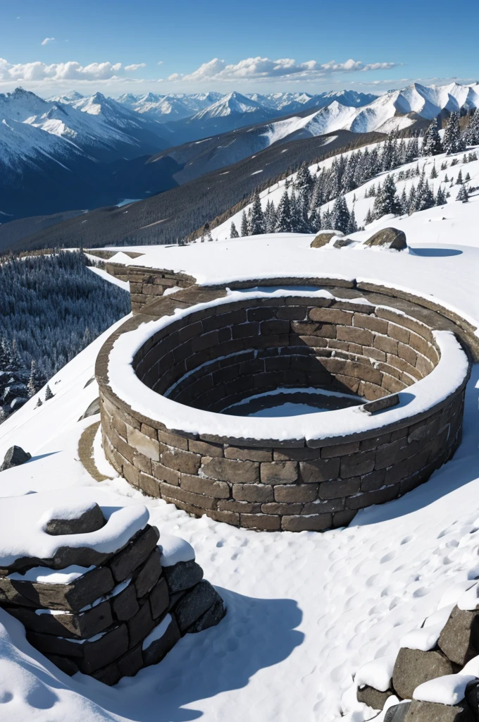 stone stadium built on top of a snowy mountain