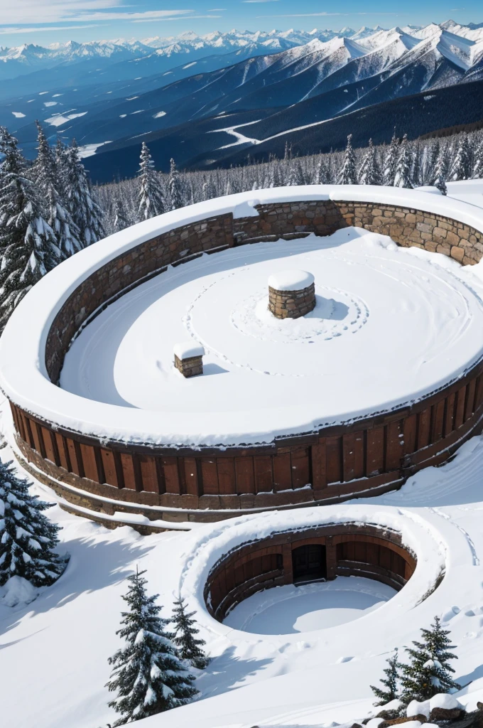 stone stadium built on top of a snowy mountain