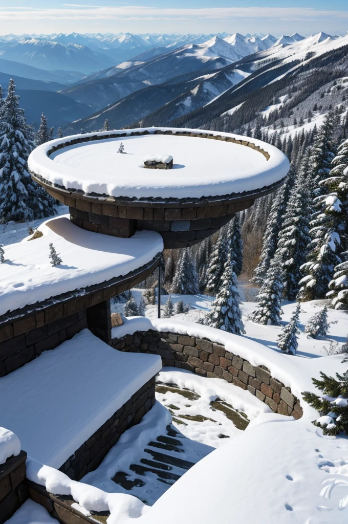 stone stadium built on top of a snowy mountain