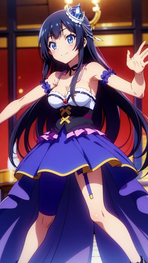 best quality,extremely detailed,anime style,adult 1girl,Long hair down to the waist,straight hair,Dark black hair with bluish,Braid on top of the head,beautiful detailed eyes,pinched eyes,dark blue eyes,huge breasts,smile,garter belt,princess motif white base idol dress,Fluttering and mysterious clothes,hair ornament,bright idol stage,dynamic pose,((in aikatu style)),fullbody