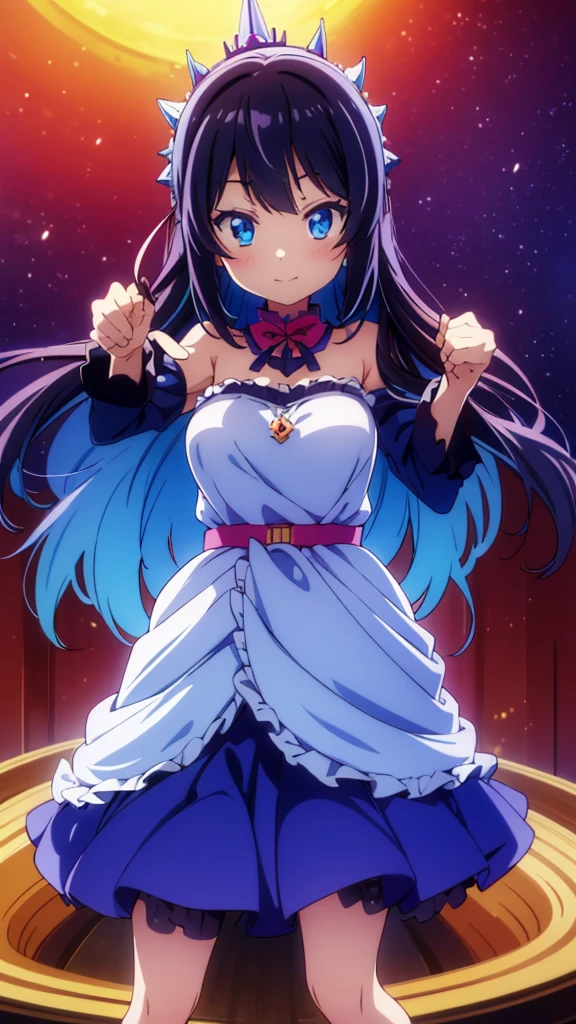 best quality,extremely detailed,anime style,adult 1girl,Long hair down to the waist,straight hair,Dark black hair with bluish,Braid on top of the head,beautiful detailed eyes,pinched eyes,dark blue eyes,huge breasts,smile,garter belt,princess motif white base idol dress,Fluttering and mysterious clothes,hair ornament,bright idol stage,dynamic pose,((in aikatu style)),fullbody