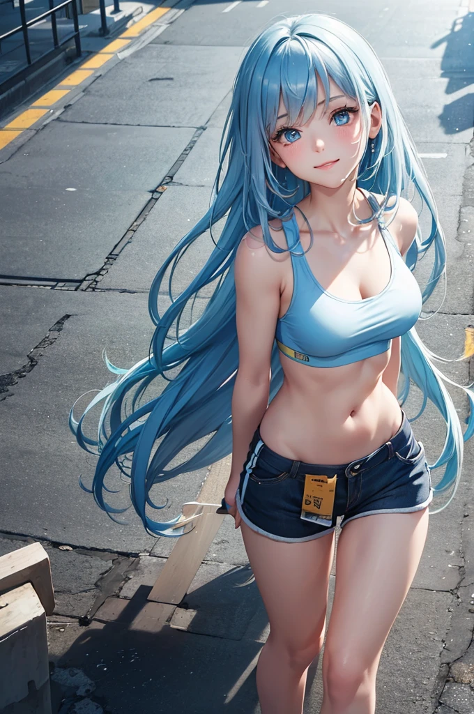 (Best Quality,High resolution,8K,finelity detailed background,Masterpiece:1.2),beautiful girl,Shiny light blue hair,messy hair,Light blue eyes,Gentle look,A refreshing look,Best quality,Best Quality,Aesthetic and aesthetic:1.2,Best details((Super detailed))(High-definition CG illustrations),Tank top,Shorts,Training wear,Slender body,playground,smile,blush,cute,Scrounge,Looking up,Being spoiled,super model,shoot from above