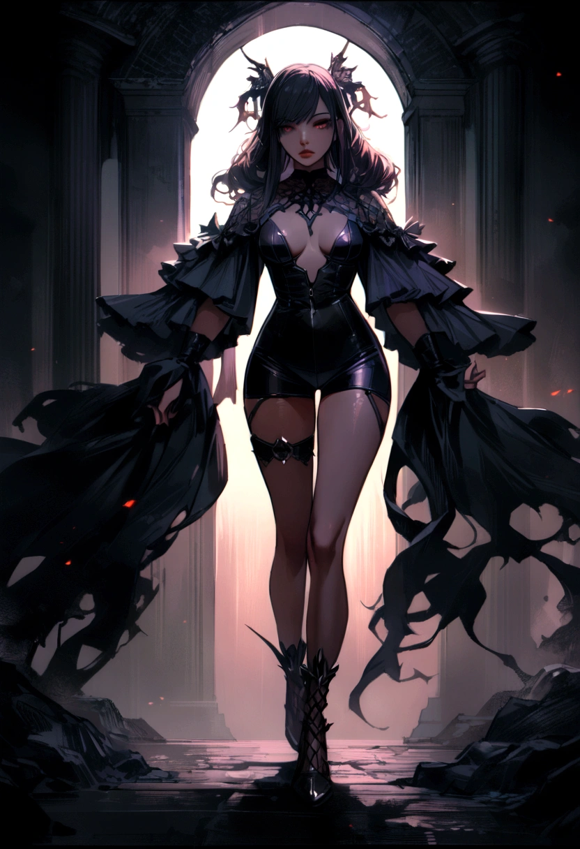 1girl, gothic girl, dark place, night, redhead, short daring outfit, detailed facial features, beautiful detailed eyes, beautiful detailed lips, extremely detailed eyes and face, long eyelashes, moody atmosphere, dramatic lighting, cinematic, dark fantasy, rich colors, dramatic, chiaroscuro, dramatic shadows, atmospheric, (best quality,4k,8k,highres,masterpiece:1.2),ultra-detailed,.full body, sexy styler.,